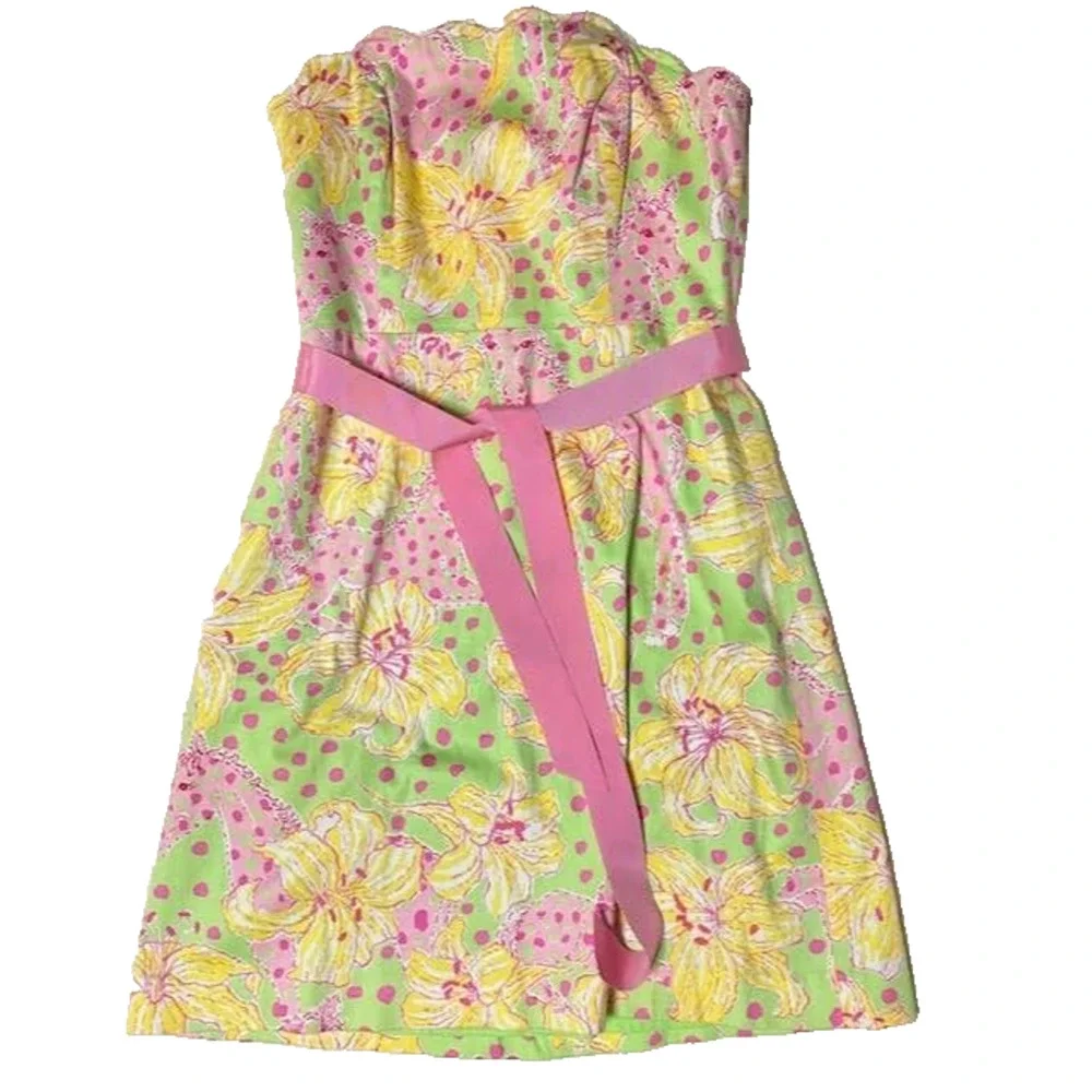 Lilly Pulitzer Strapless Floral Dress Pink Green Cotton Summer Sundress Sz 8 - Picture 1 of 14